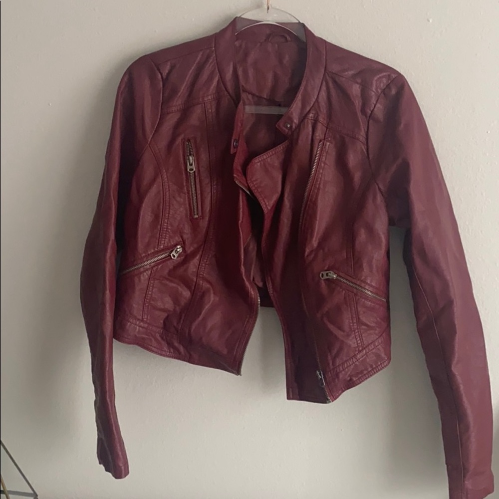 Burgundy Faux Leather Crop Jacket